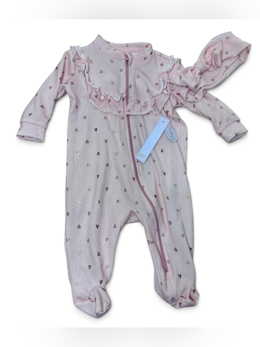 Tahari Pink Footed One-Piece with Ruffle Yoke and Heart Print